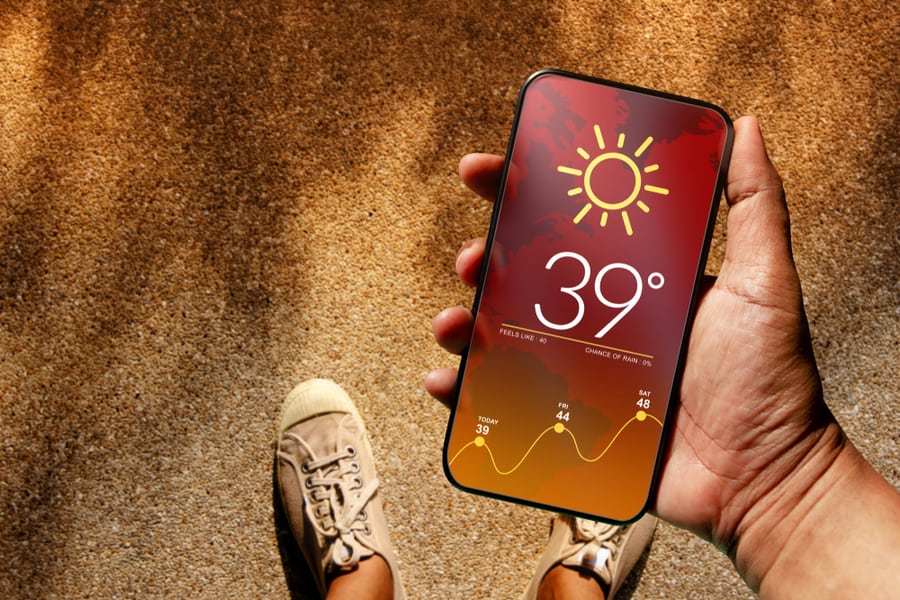 High Temperature Weather Show On Mobile Screen On Hot Sunny Day