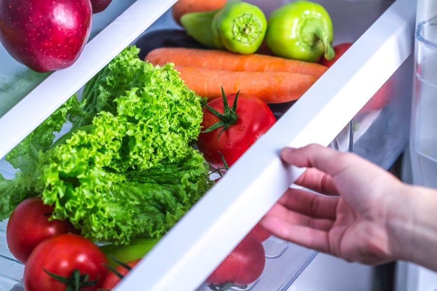 Opened Refrigerator Full Of Fresh Vegetables.