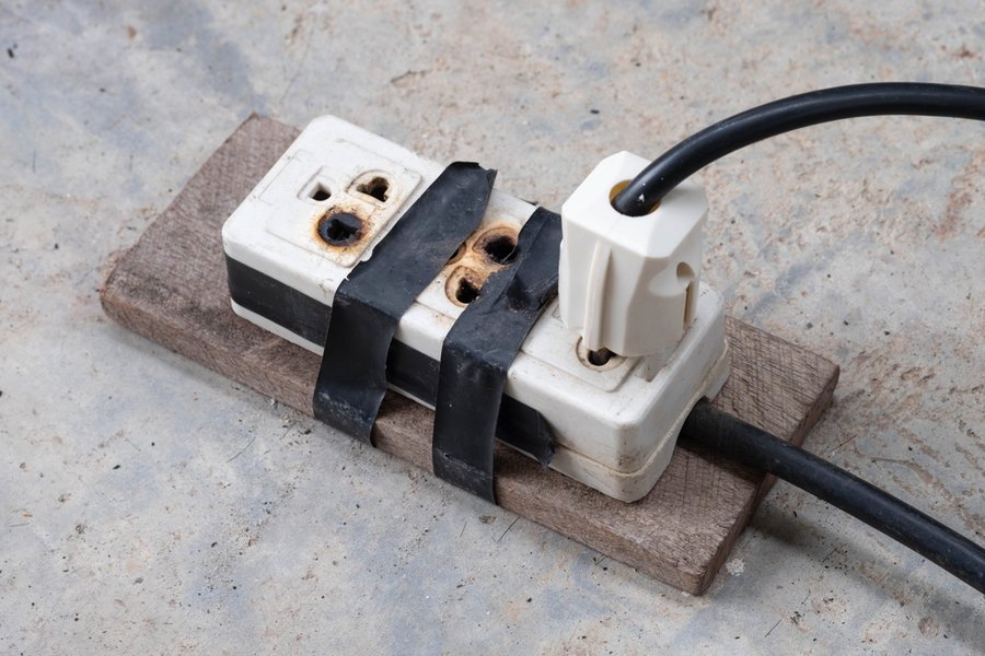 Burnt Electrical Socket And Plug, Poor Quality Product On The Cement Floor Background