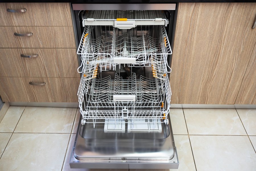 Open Empty Dishwasher In A Modern Kitchen. Integrated Dishwasher With Drawers.
