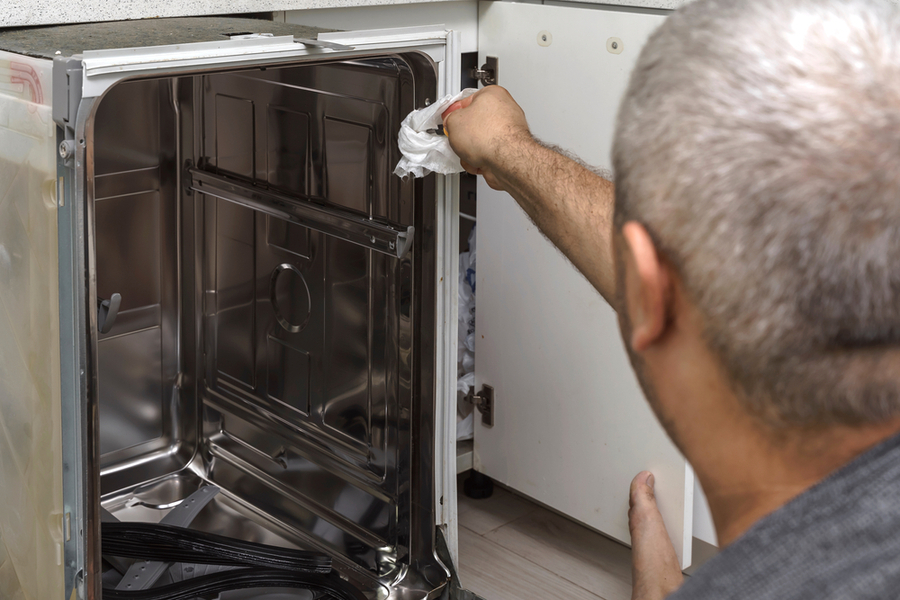 The Master Has Removed The Rubber Seals And Cleans The Internal Parts Of The Dishwasher From The Accumulated Grease