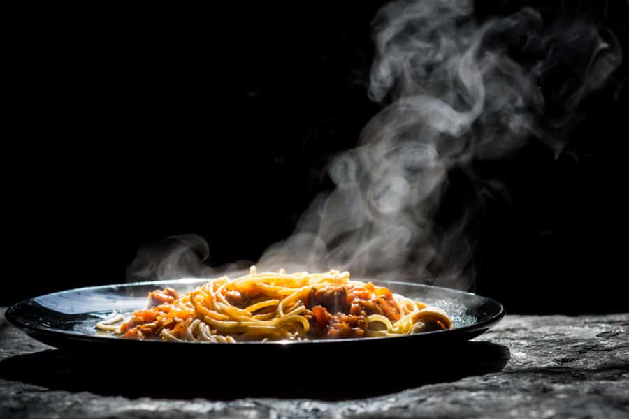 The Steam From Spaghetti With Tomato Sauce - Homemade Healthy Italian Pasta On Dark Background