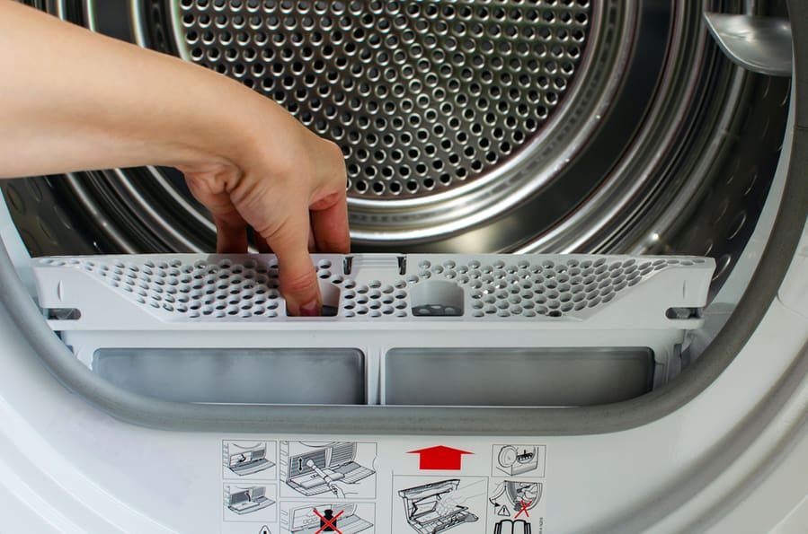 A Housewife Holds A Lint Trap From A Front-Loading Tumble Dryer