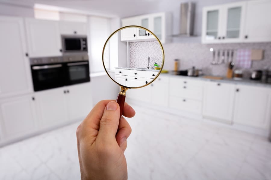Close-Up Of A Man's Hand Holding Magnifying Glass Over The Kitchen In Modular Kitchen
