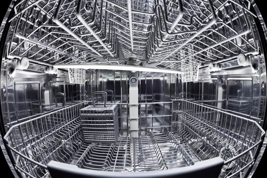 Fisheye View Of The Interior Of An Empty Dishwasher