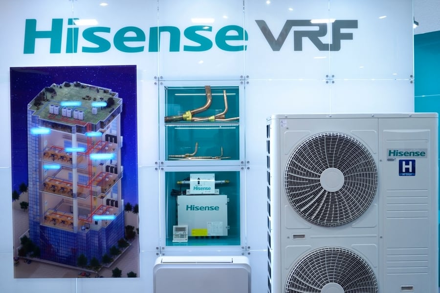 Modern Air Conditioners Hisense Set On Stand During An Exhibition