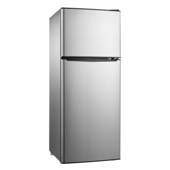 Side View Of Stainless Steel Double Door Refrigerator