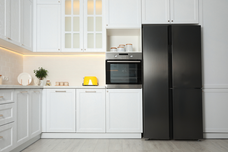 Stylish Kitchen Interior With Modern Steel Refrigerator.