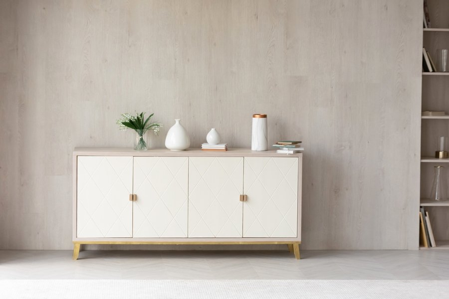 White Modern Dresser Minimalistic Furniture In Empty Room On Grey Wall Background.
