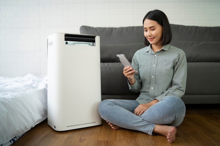 Woman Using A Dehumidifier In Her Apartment