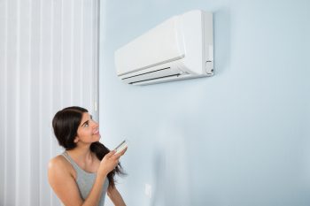 Young Happy Woman Holding Remote Control Air Conditioner In House