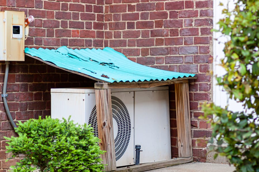 An Outdoor Air Conditioner Ac Unit Placed On The Ground At A Garden Within A Small Protective Utility Shed
