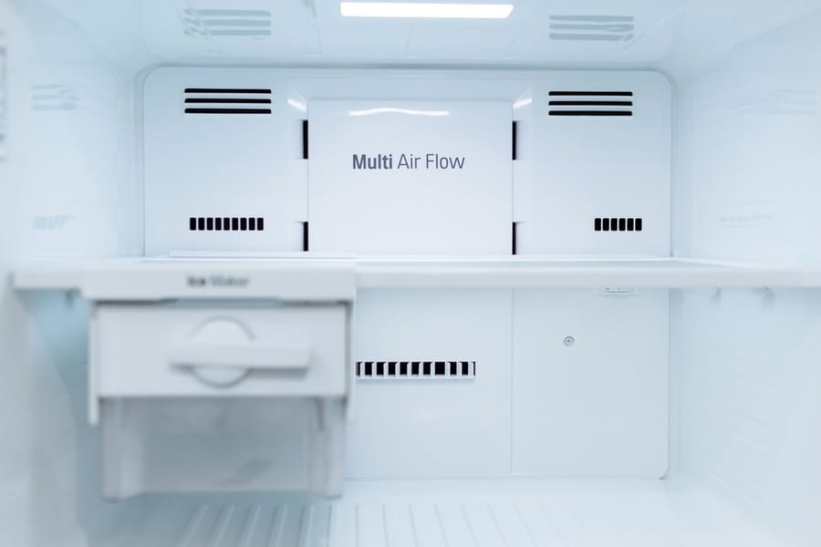 Empty Open Refrigerator With Shelves, Fridge And Multi Airflow System